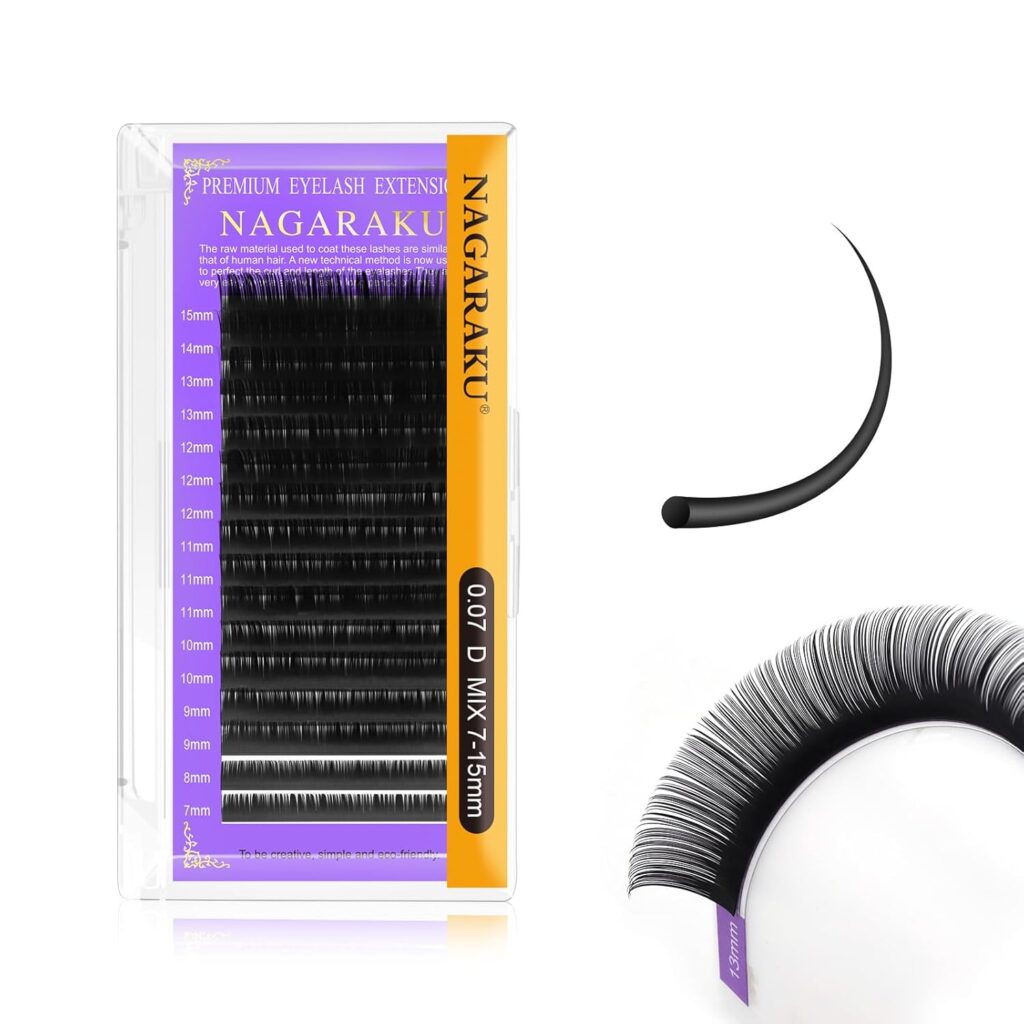 Nagaraku Eyelash Extensions 0.07mm D curl 7-15mm Mix Classic Matte Black 16 Rows