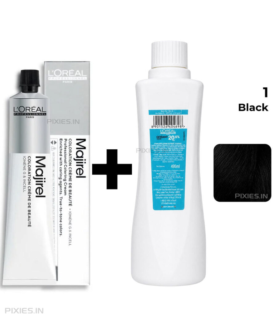 L'Oréal Professionnel Loreal Professionnel Paris Majirel Hair Color - 1 (Black) (60ml) + Oxydant Creme 20 Vol. 6% Developer (495ml)