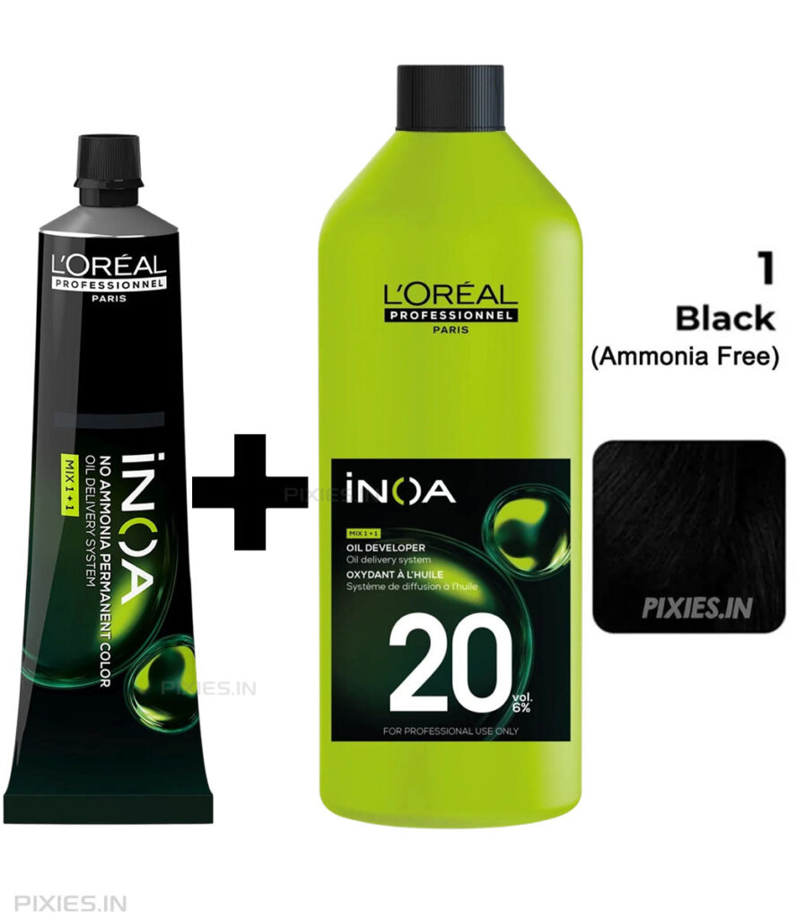 L'Oréal Professionnel Loreal Professionnel Paris Inoa Ammonia-free Permanent Hair Color - 1 (Black) (60Gm ) + Inoa Oxydant Riche 20 Volume 6% Developer (1000ml)