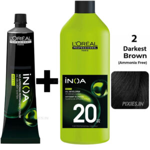 L'Oréal Professionnel Loreal Professionnel Paris Inoa Ammonia-free Permanent Hair Color - 2 (Darkest Brown) (60Gm ) + Inoa Oxydant Riche 20 Volume 6% Developer (1000ml)
