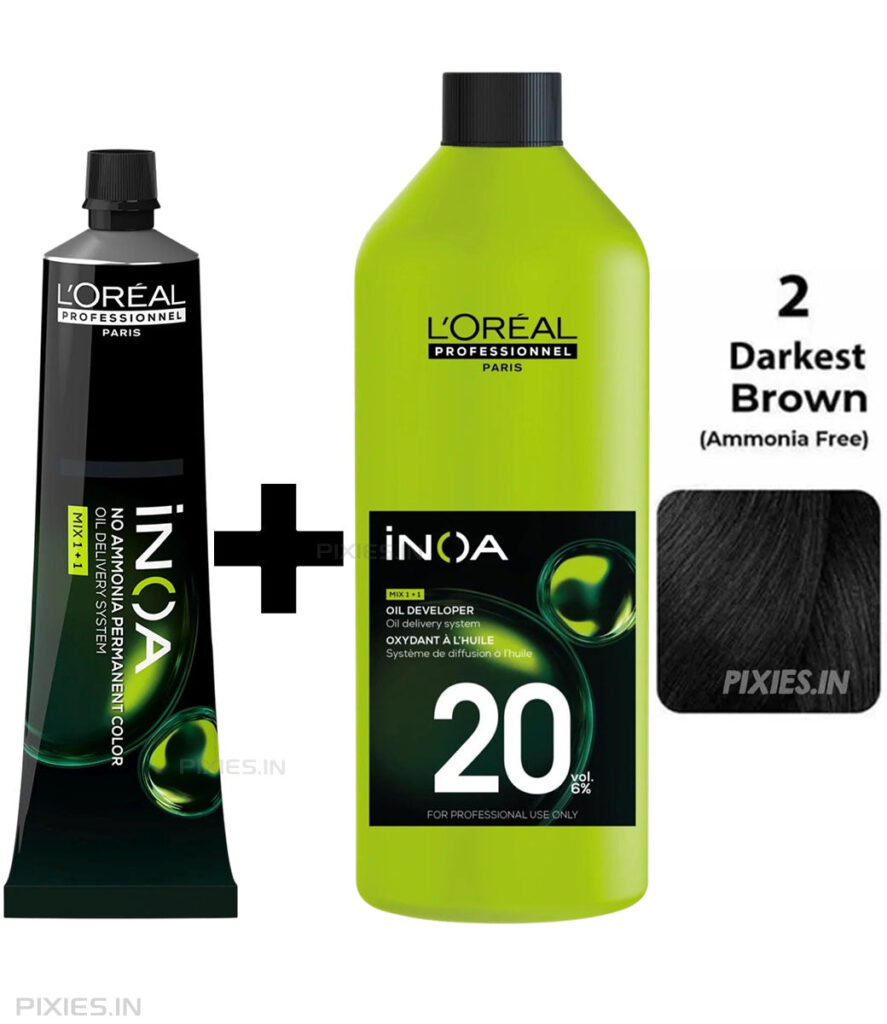 L'Oréal Professionnel Loreal Professionnel Paris Inoa Ammonia-free Permanent Hair Color - 2 (Darkest Brown) (60Gm ) + Inoa Oxydant Riche 20 Volume 6% Developer (1000ml)