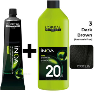 L'Oréal Professionnel Loreal Professionnel Paris Inoa Ammonia-free Permanent Hair Color - 3 (Dark Brown) (60Gm ) + Inoa Oxydant Riche 20 Volume 6% Developer (1000ml)