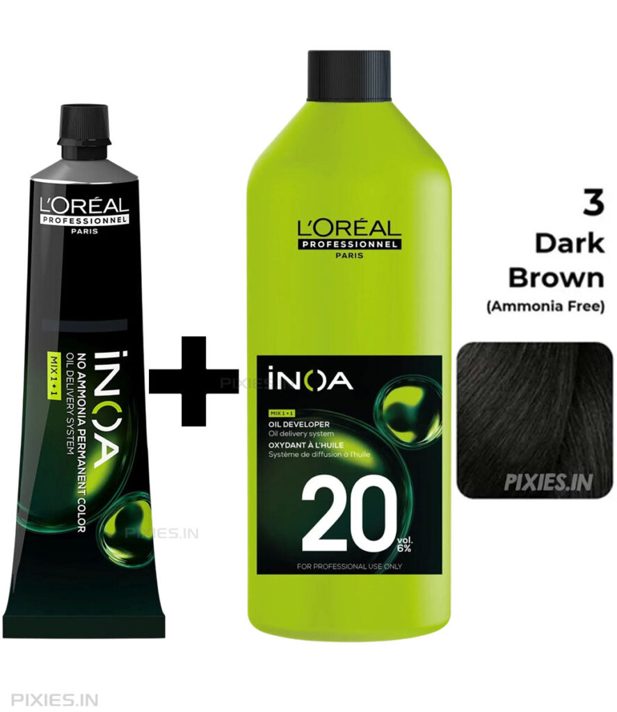 L'Oréal Professionnel Loreal Professionnel Paris Inoa Ammonia-free Permanent Hair Color - 3 (Dark Brown) (60Gm ) + Inoa Oxydant Riche 20 Volume 6% Developer (1000ml)